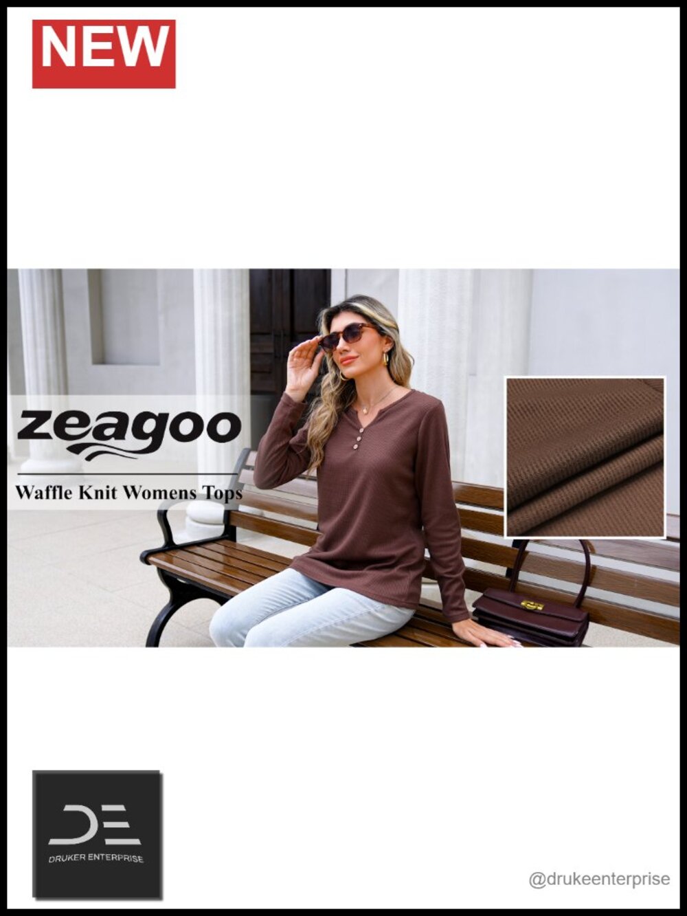 Women's Long Sleeve Waffle Knit V Neck Tunic Tops - Picture 6 of 6
